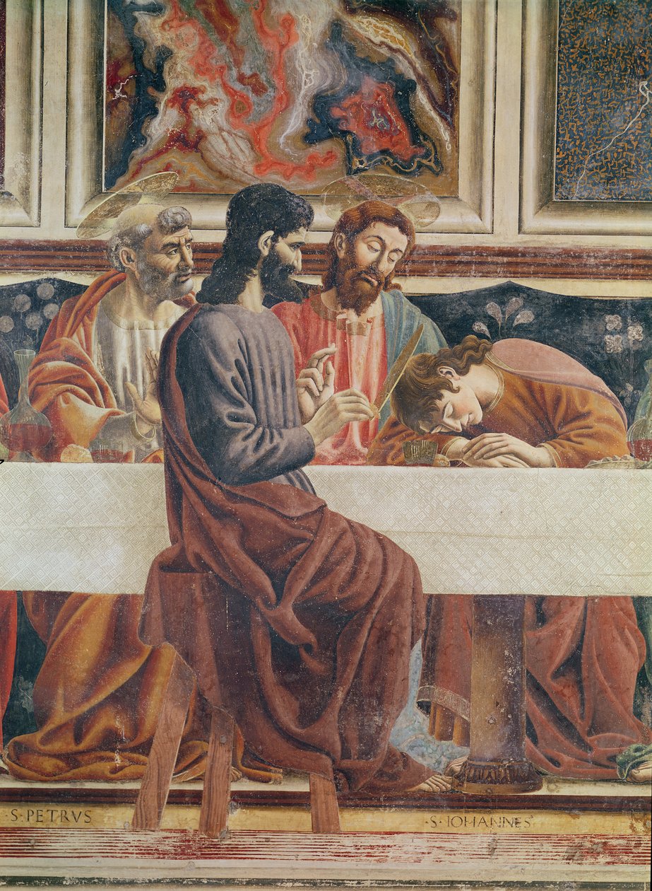 Mlo wa Mwisho, maelezo ya Mtakatifu Yohana, Mtakatifu Petro, Yesu na Yuda, 1477 (maelezo ya 85172) av Andrea del Castagno