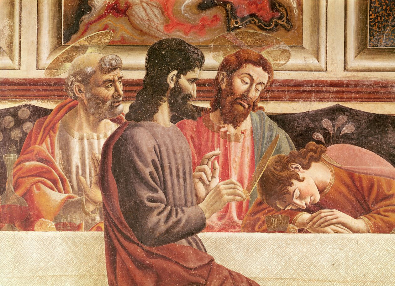 Den sista måltiden, detalj av de heliga Johannes och Petrus, Kristus och Judas, 1447 (detalj av 85172) av Andrea del Castagno