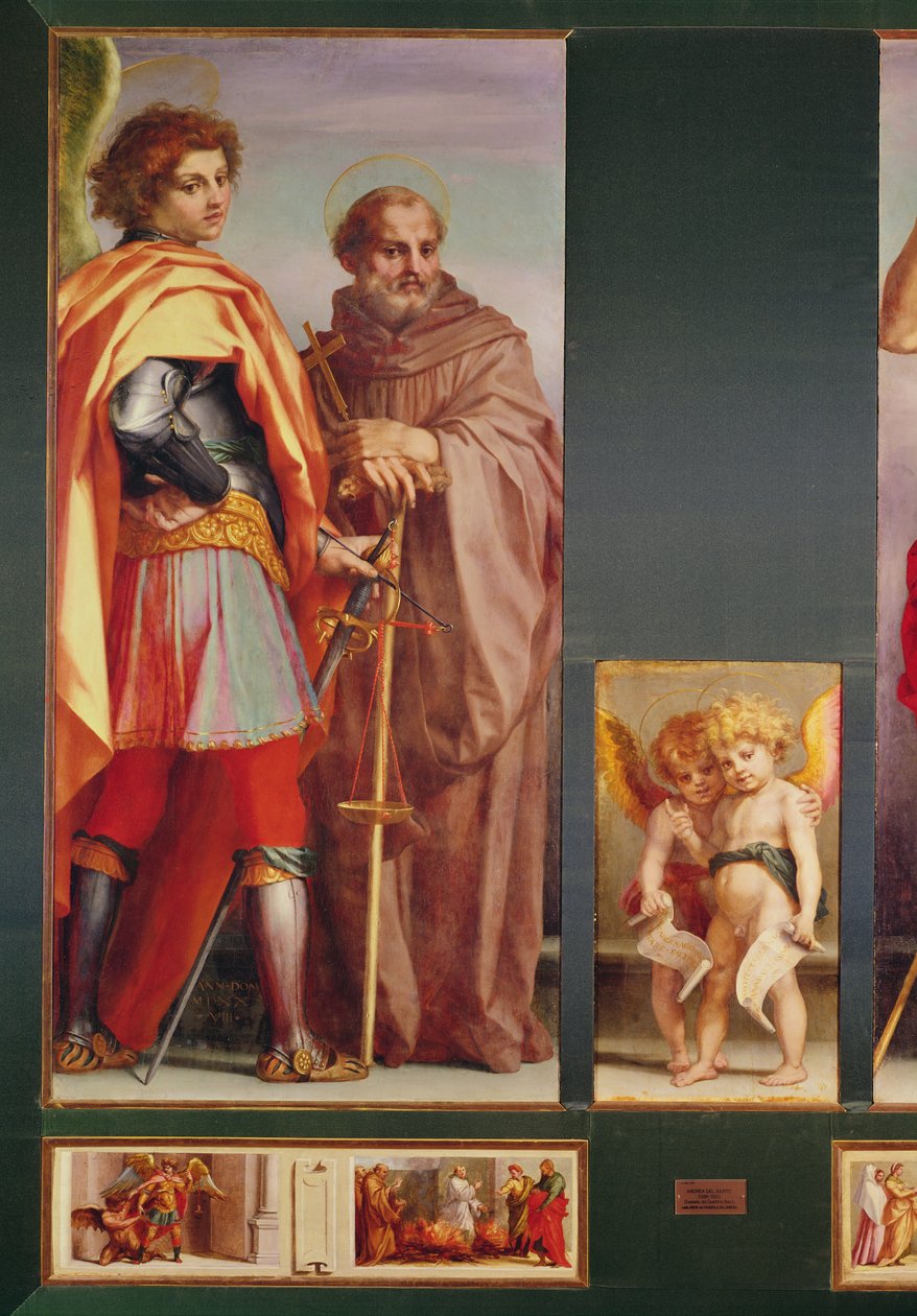 Polyptyk från Vallombrosa Abbey, detalj på vänster sida som visar ärkeängeln Mikael och Saint Benedict, 1528 (detalj av 50405) av Andrea del Sarto