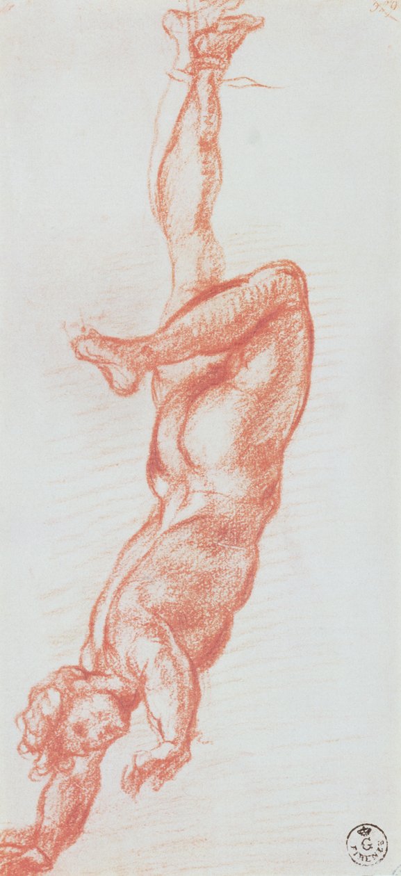 Studie av en man naken upphängd i sitt högra ben (krita på papper) av Andrea del Sarto