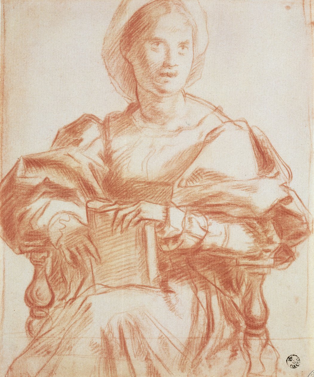 Studie av en sittande kvinna som håller en bok (krita på papper) av Andrea del Sarto