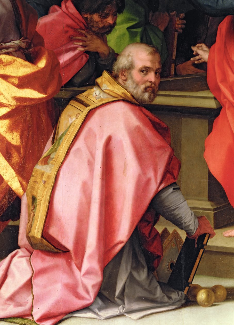 Marias himmelfart, detalje, der viser Skt. Nicholas af Myra med 3 gyldne kugler (altertavle) av Andrea del Sarto