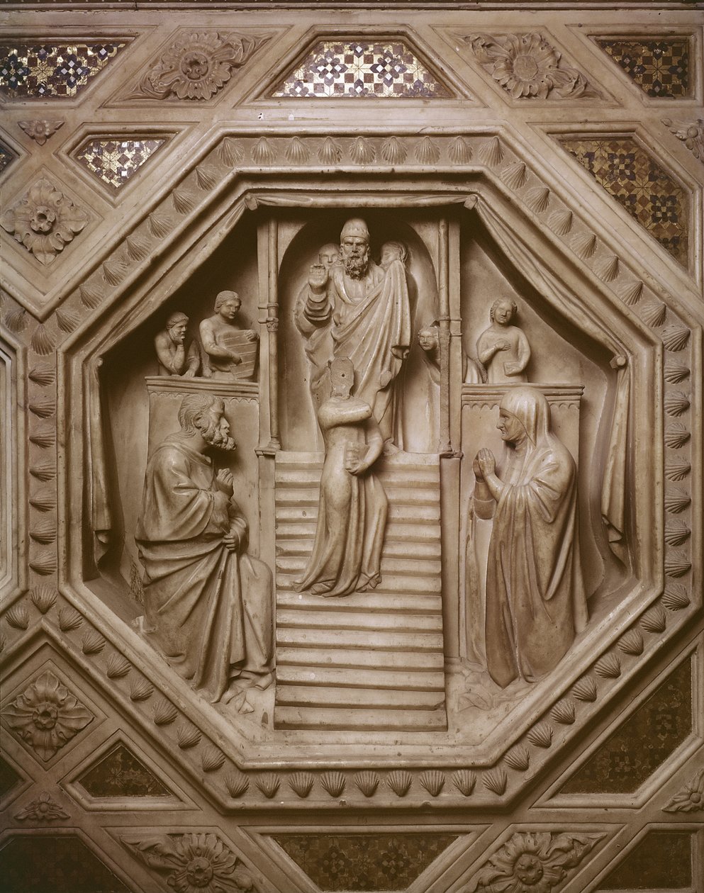 Presentation av jungfrun i templet, detalj från basen av tabernaklet, 1349-59 (marmor) av Andrea di Cione Orcagna