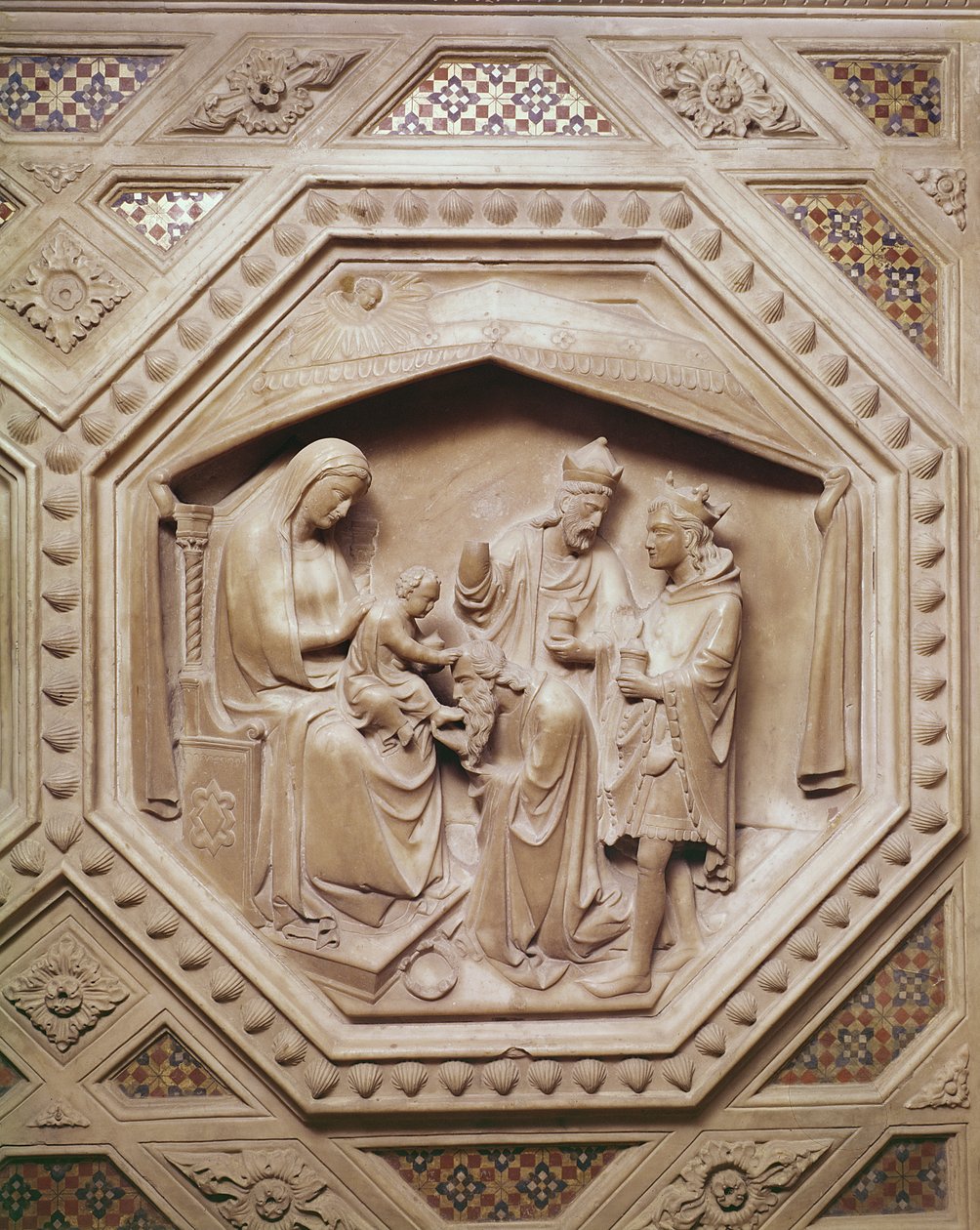 The Adoration of the Magi, detalj från basen av Tabernaklet, 1349-59 (marmor) av Andrea di Cione Orcagna