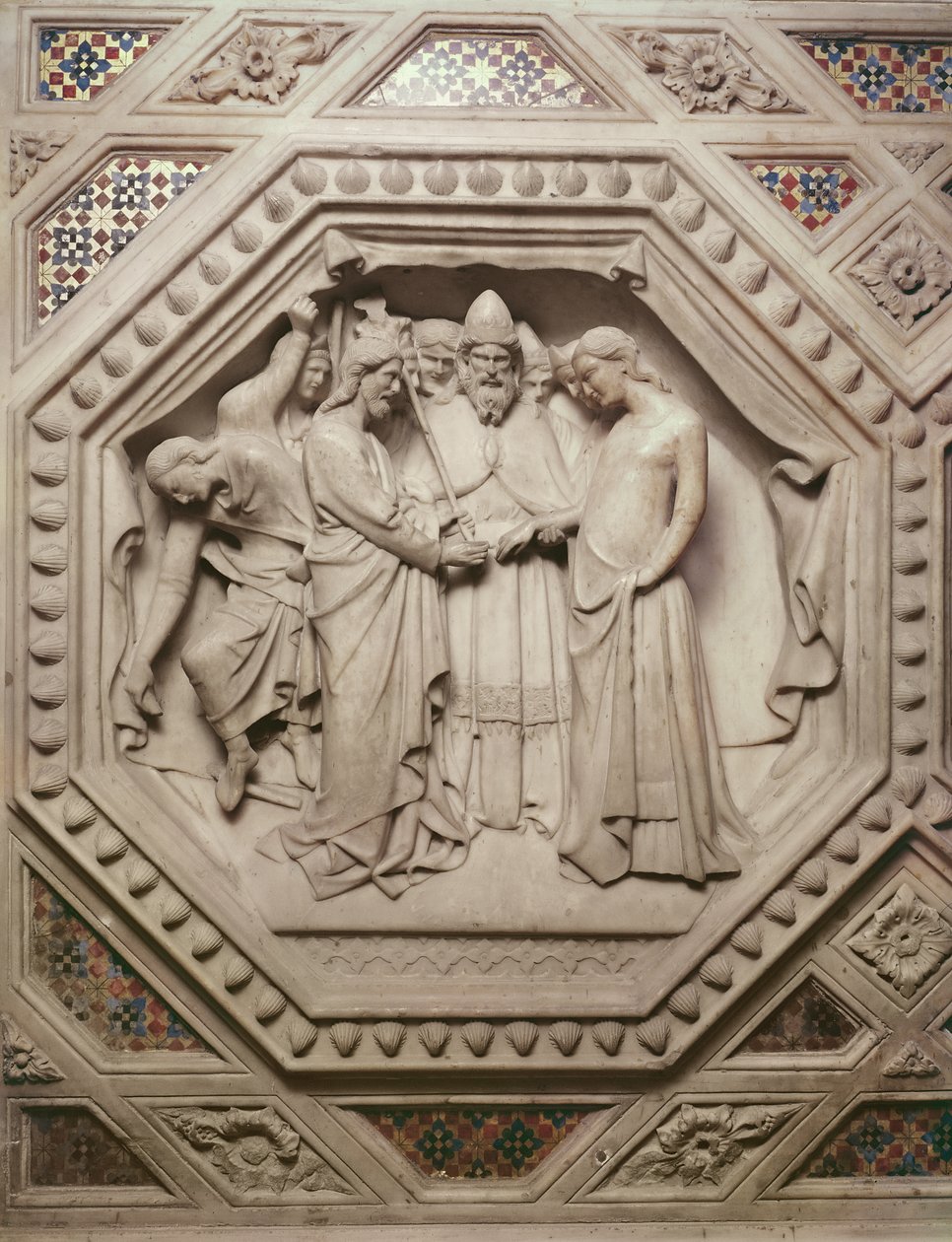 Jungfruns bröllop, detalj från tabernaklets bas, 1349-59 (marmor) av Andrea di Cione Orcagna