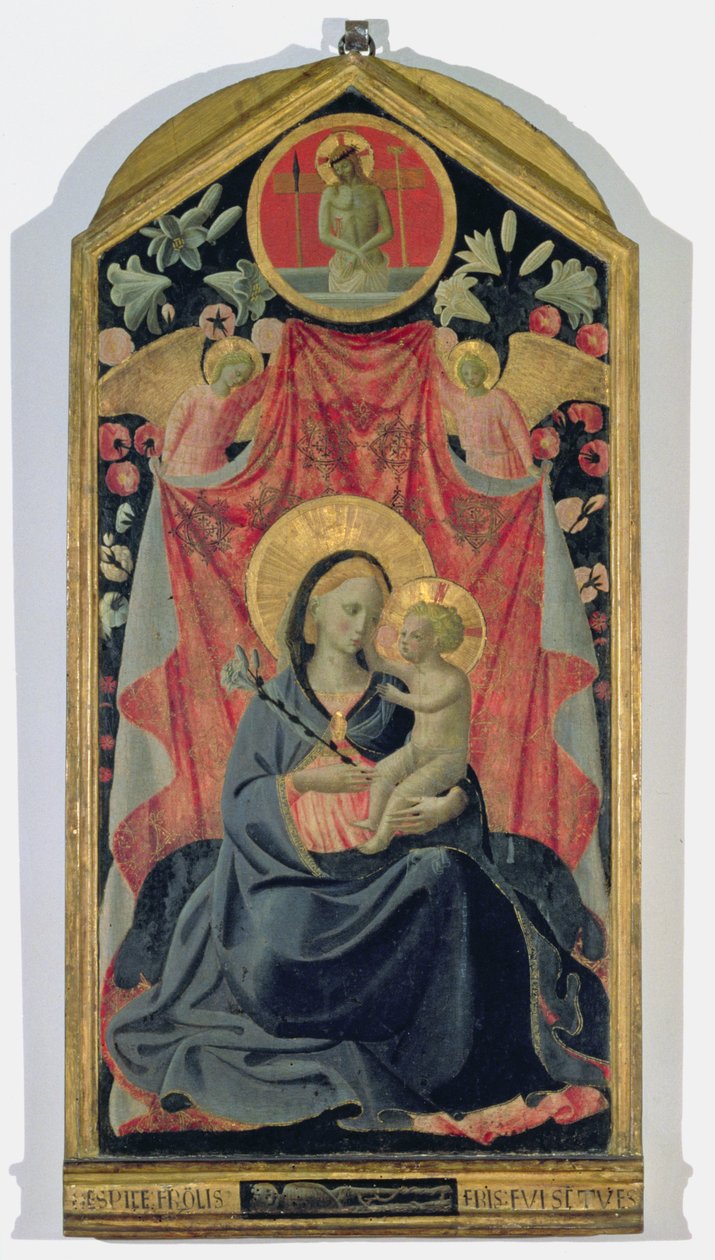 Madonna och barn med två änglar och Kristus reste ur graven (tempera på panel) av Andrea di Giusto Manzini