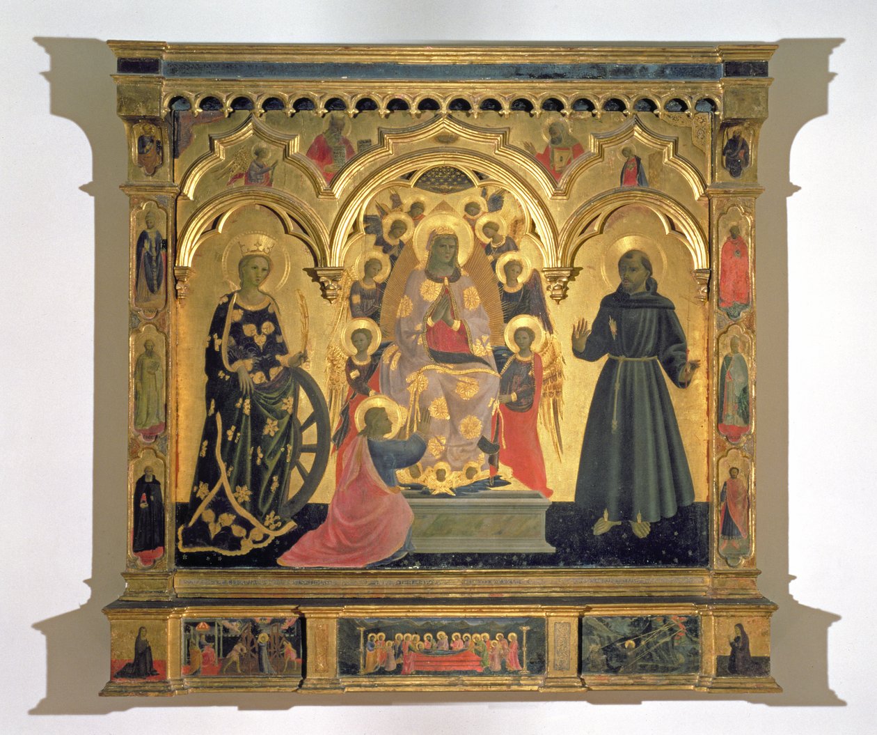 Madonnan i gördelen med heliga och änglar, 1437 (tempera på panel) av Andrea di Giusto Manzini