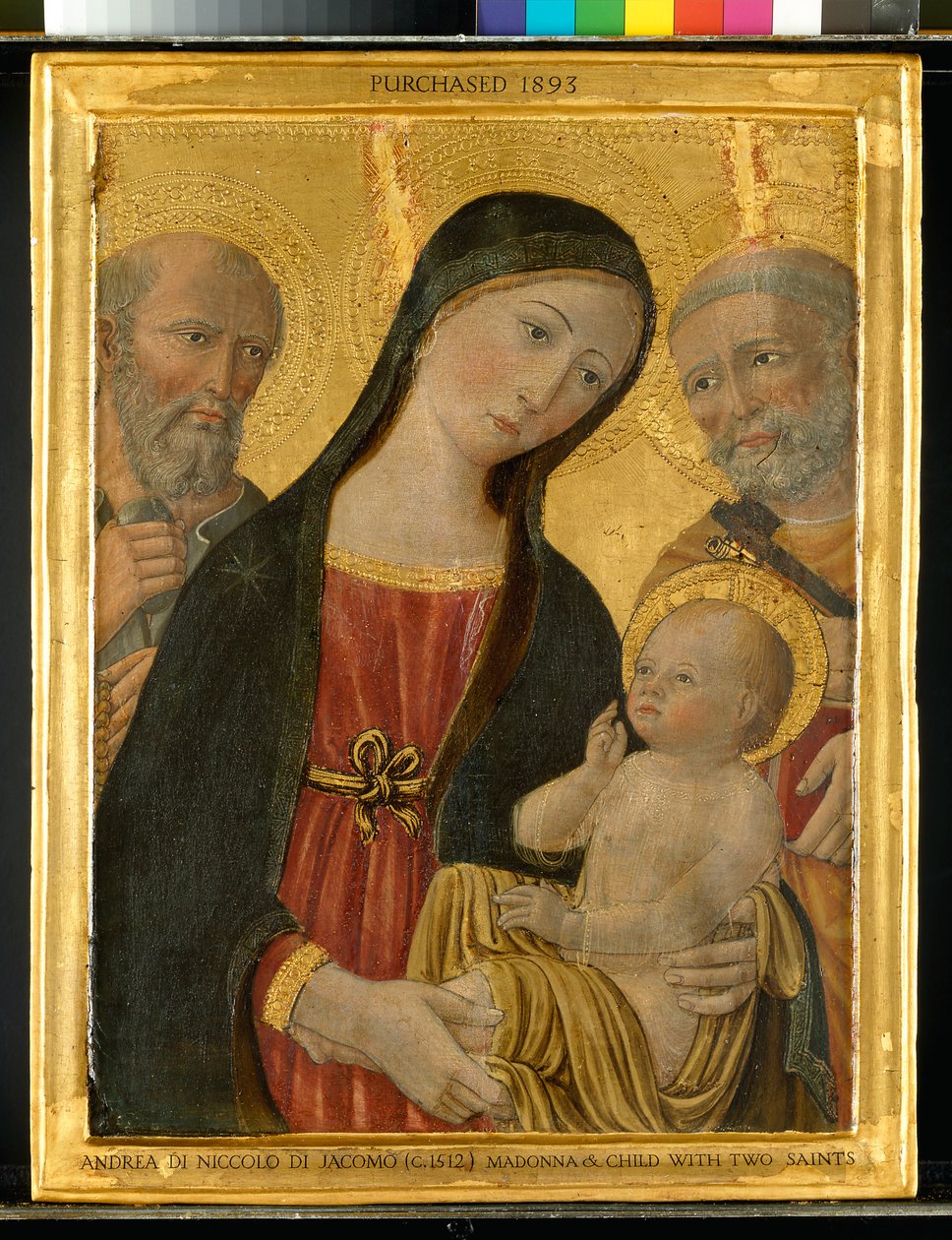 Jungfrun och barnet mellan S:t Hieronymus och S:t Petrus, ca 1500 (tempera med guld på panel) av Niccolo di Giacomo