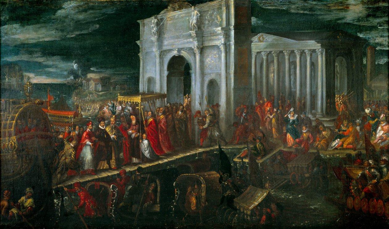 Mottagande av hertigen av Anjou i San Nicolo di Lido i Venedig av Doge Mocenigo, under hans resa tillbaka från Polen till Frankrike, 28 juli av Andrea Vicentino