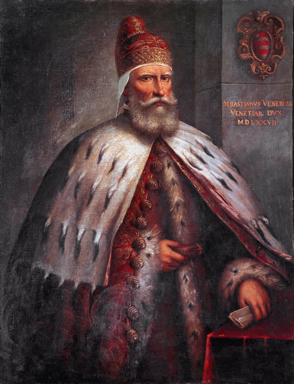 Porträtt av Doge Sebastiano Venier (1496-1578), condottiere Han ledde den venetianska flottan med Francesco Duodo under slaget vid Lepanto 1571. Målning av Andrea de 