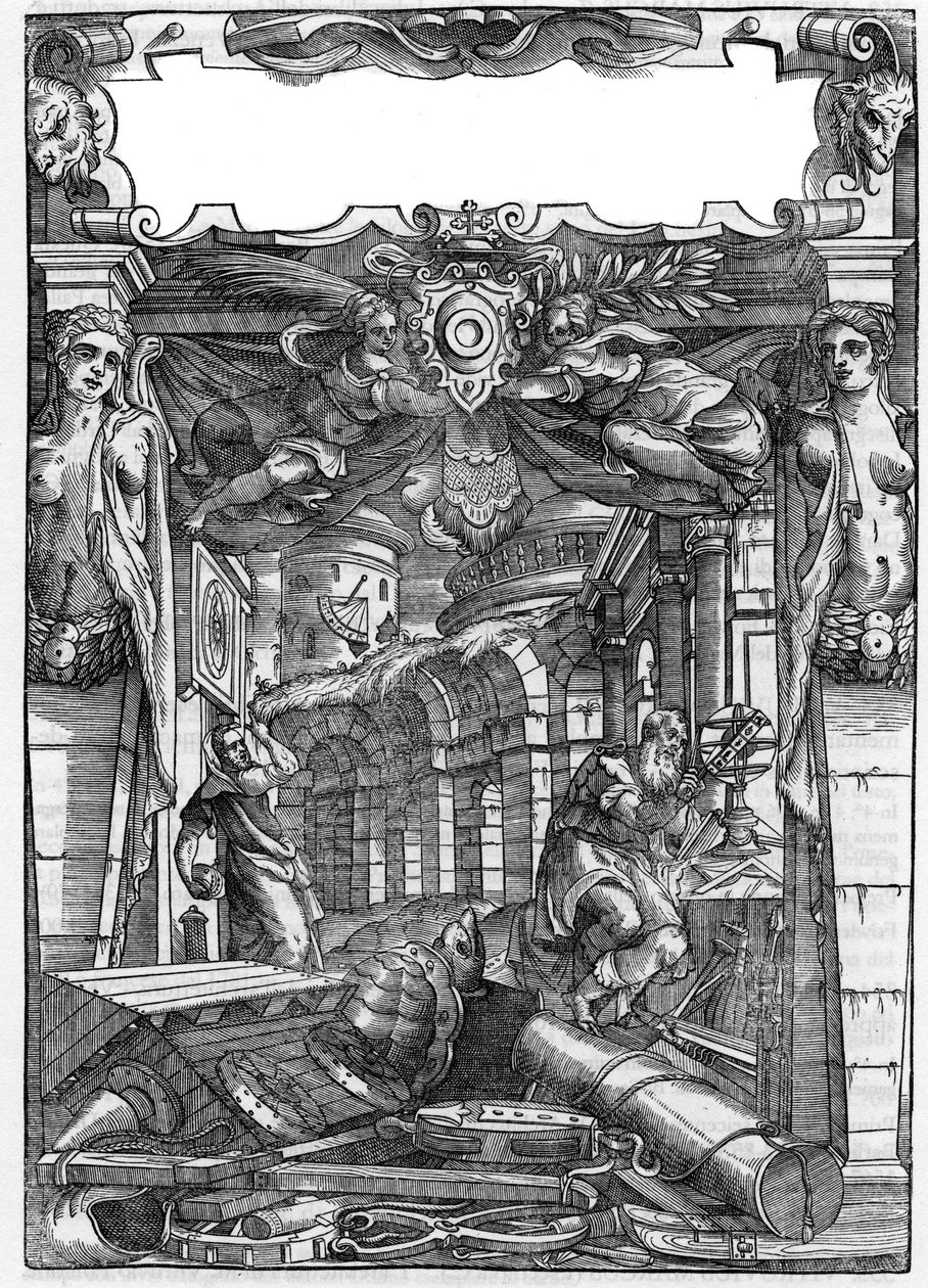 Plåt hämtad från boken "" De architectura"", behandlar arkitekturen av Marcus Vitrubius Pollio dit Vitruvio (1:a århundradet f.Kr.), romersk arkitekt. Italiensk upplaga av 1556. Gravyr efter teckning av Palladio. av Andrea (after) Palladio