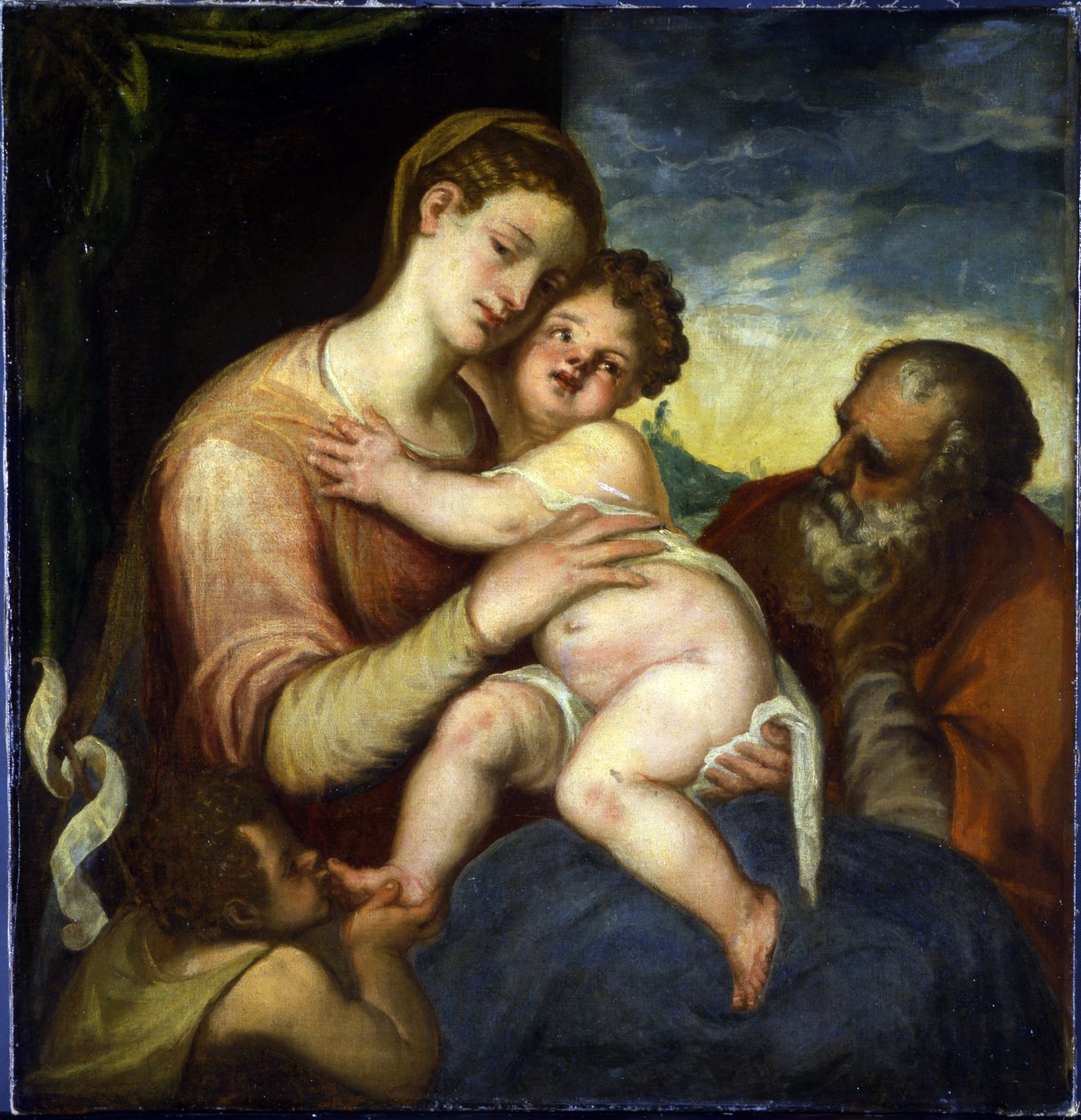 Den heliga familjen med Johannes döparen par Schiavone, Andrea (ca 1520-1582). Olja på duk, storlek: 98x93, , Pragborgen av Andrea Schiavone