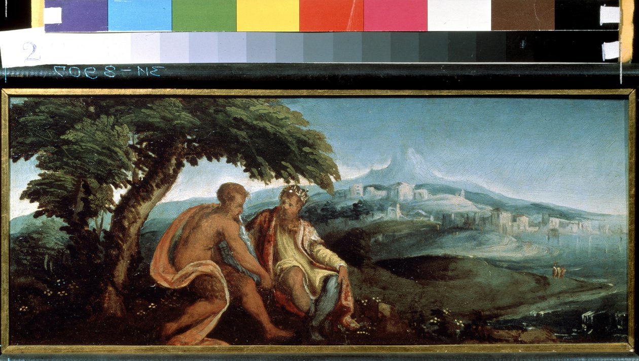 Kung Midas och Pan (Kung Midas och Pan). Målning av Andrea Schiavone (cirka 1520-1582). Olja på duk av Andrea Schiavone
