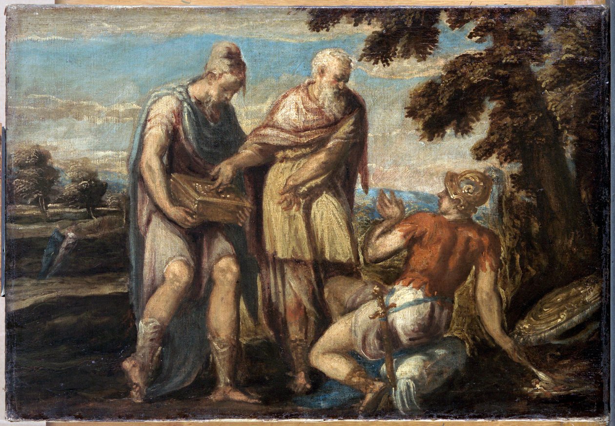 Manius Curius Dentatus (3eme siècle avant JC) av Schiavone, Andrea (ca 1520-1582). Olja på duk, storlek: 58x84, ca. 1560, Konsthistoriska museet, Vienne av Andrea Schiavone