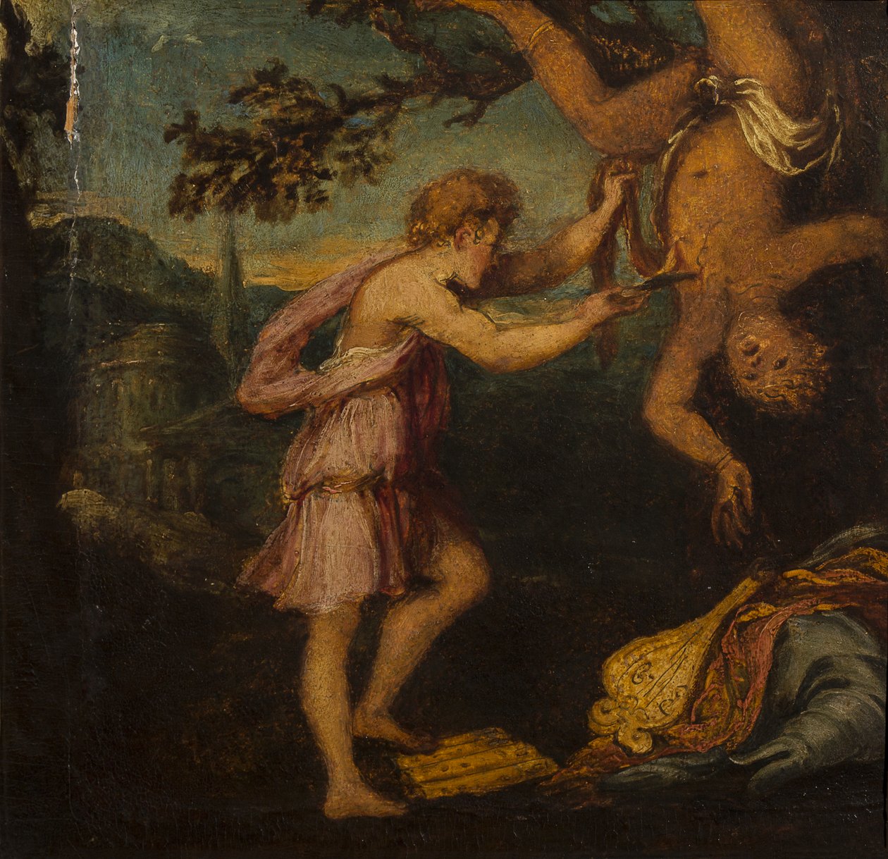 The Flaying of Marsyas (olja på träpanel) av Andrea Schiavone