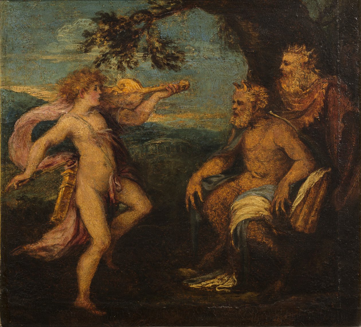 The Judgment of Midas (olja på träpanel) av Andrea Schiavone