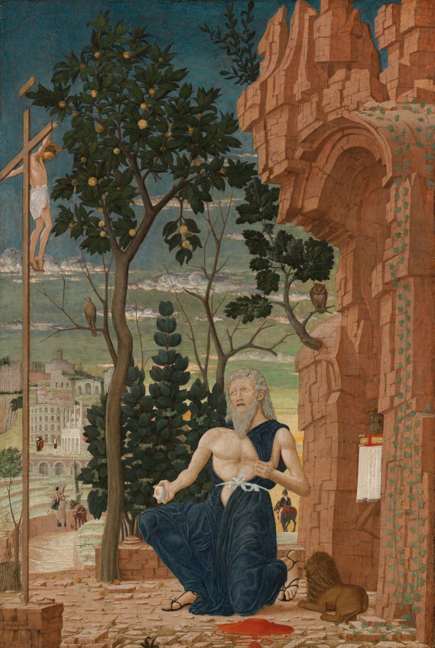 Saint Hieronymus i vildmarken, ca 1475 (tempera på poppelpanel) av Andrea (follower of) Mantegna