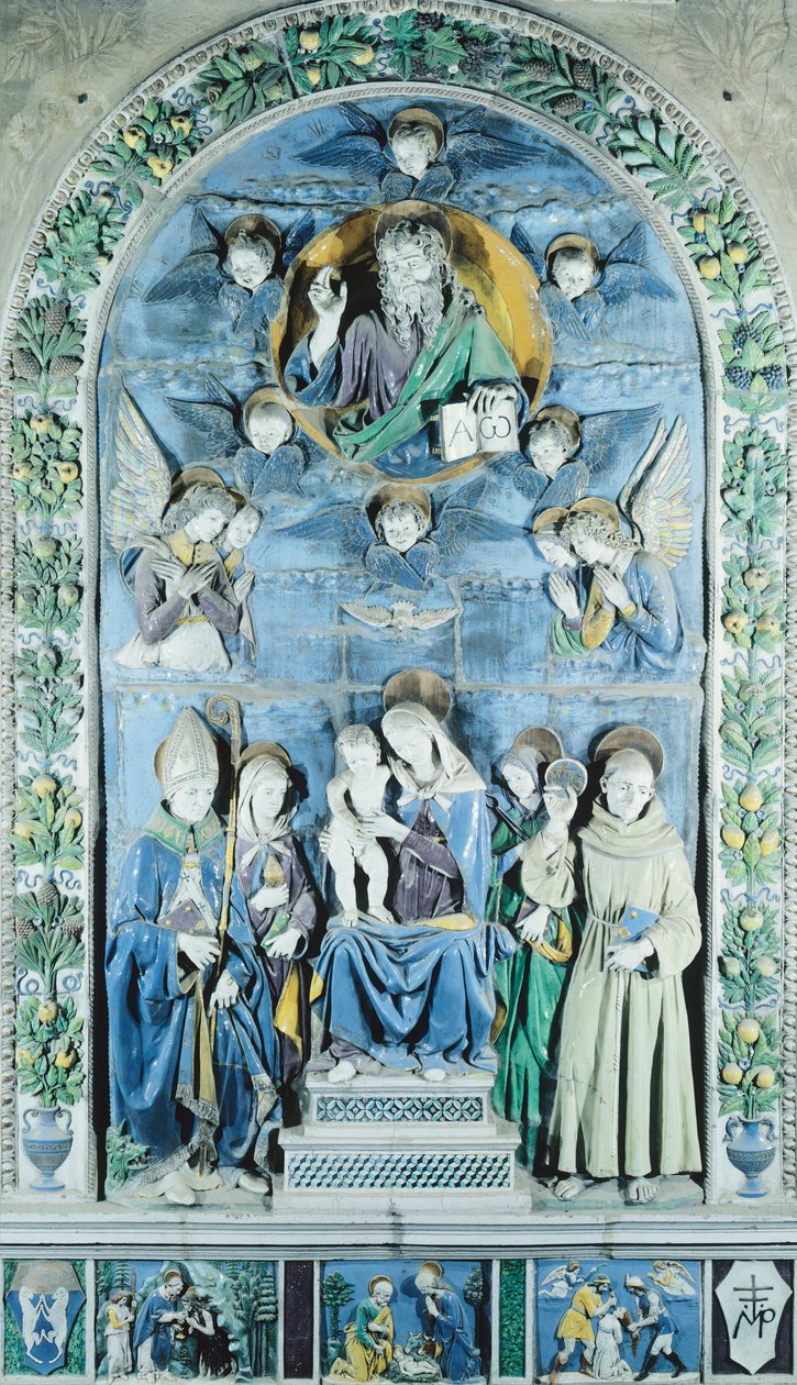 Madonna och barn med fyra helgon, i Italien, Arezzo, katedralen (keramik) av Andrea (workshop of) Della Robbia