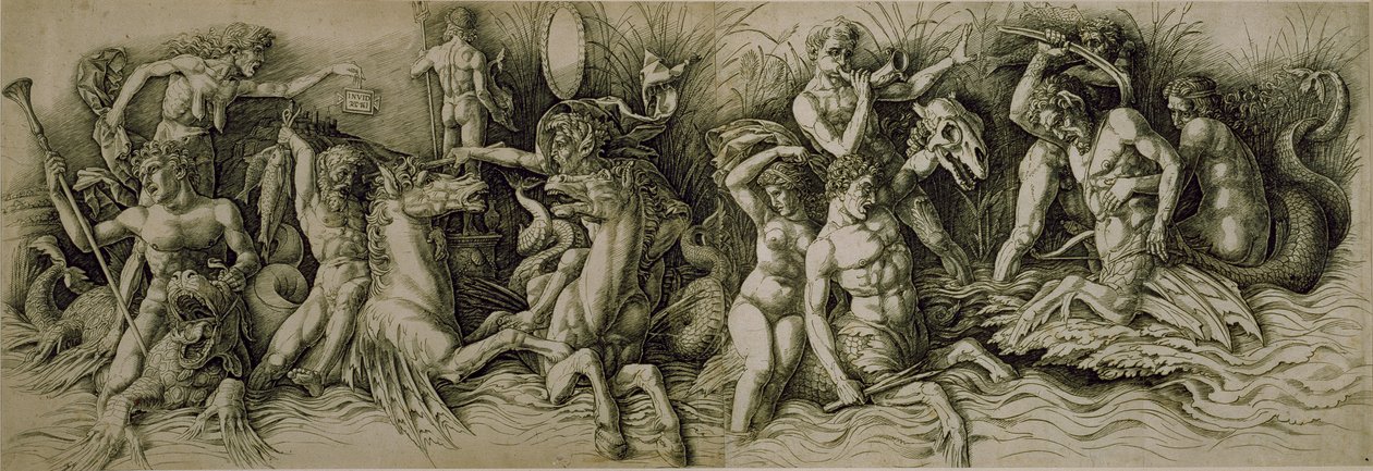 Battle of the Sea Gods (penna & brunt bläck på papper) av Andrea (workshop of) Mantegna