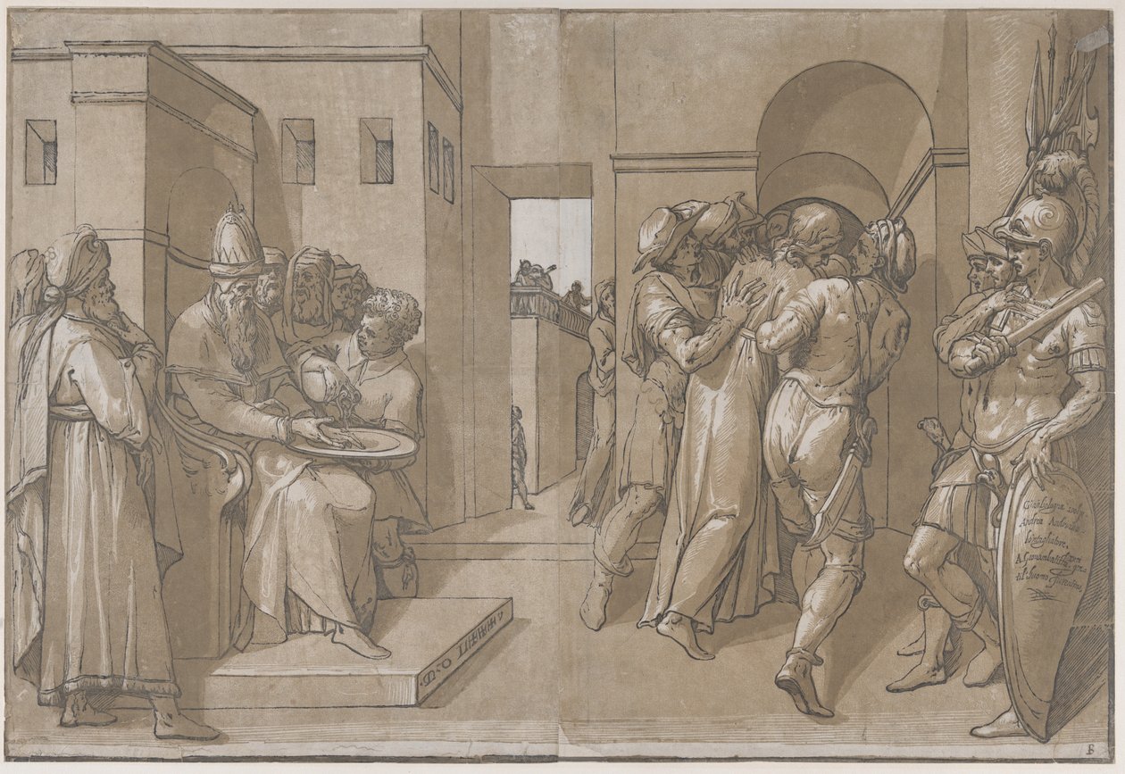 Kristus förs bort, soldater står på höger sida av arket, 1585. av Andrea Andreani