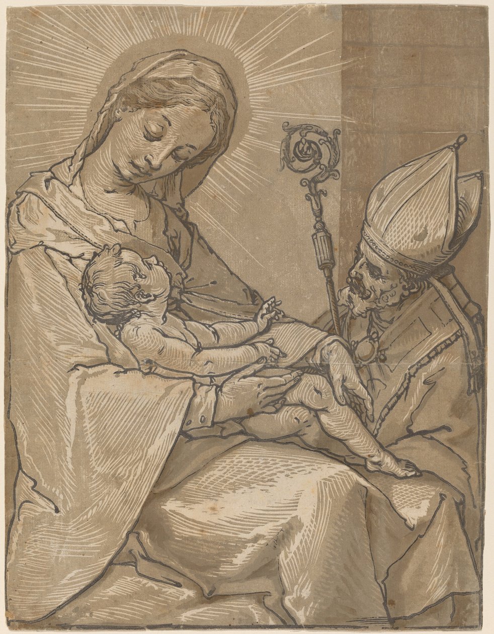 Madonna och barn med en biskop, 1591. av Andrea Andreani