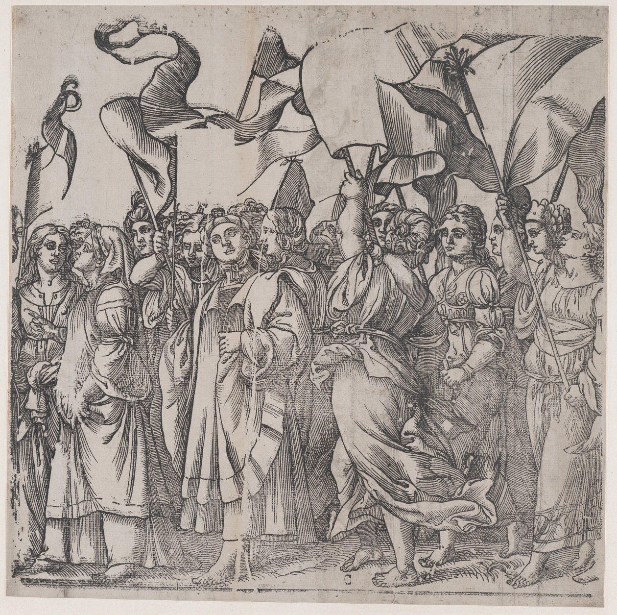 Avsnitt C: kvinnliga martyrer och helgon som håller banderoller, från The Triumph of Christ, 1836. av Andrea Andreani