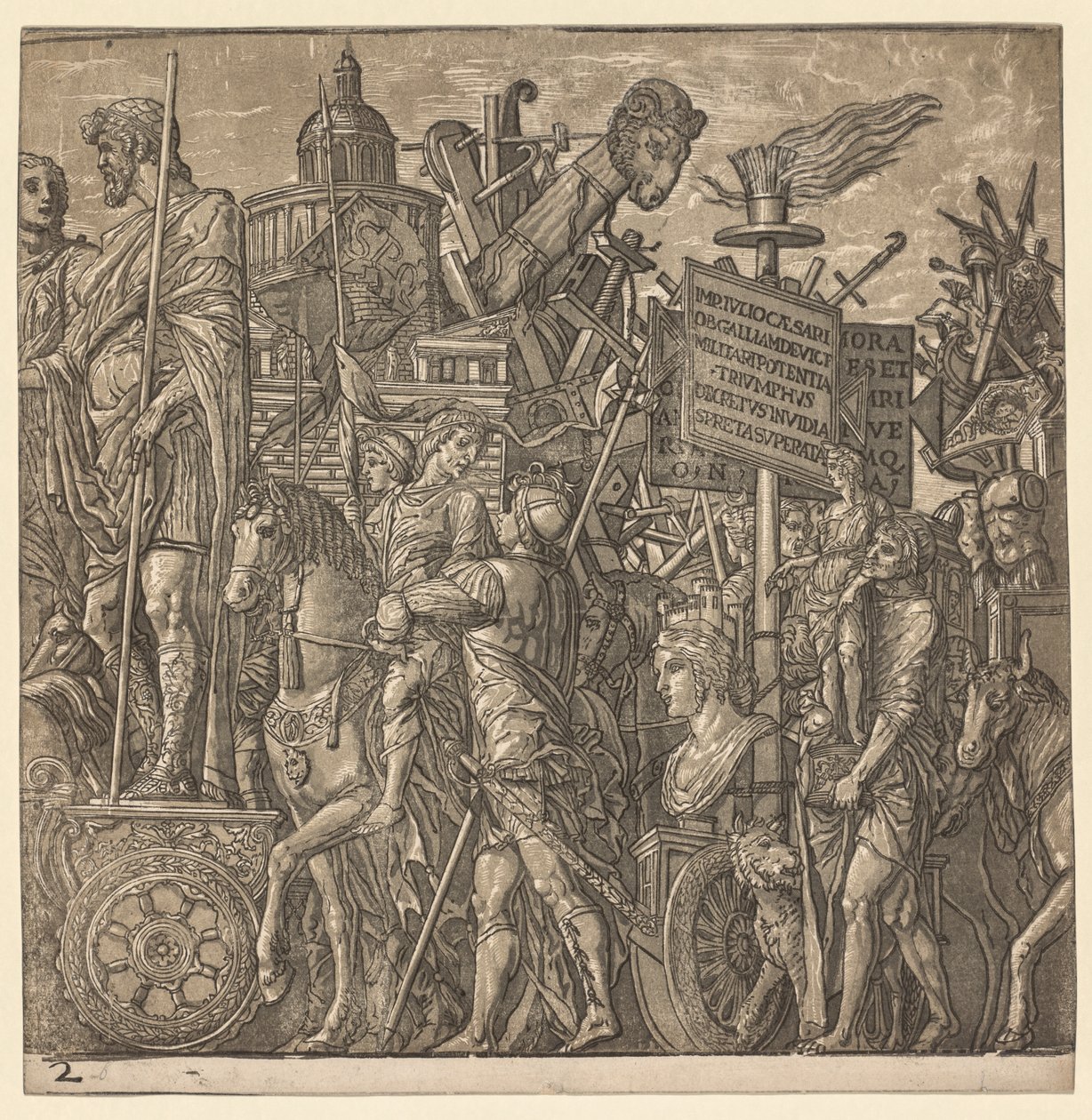 Julius Caesars triumf: kolossala statyer och belägringsutrustning, 1593-99. av Andrea Andreani