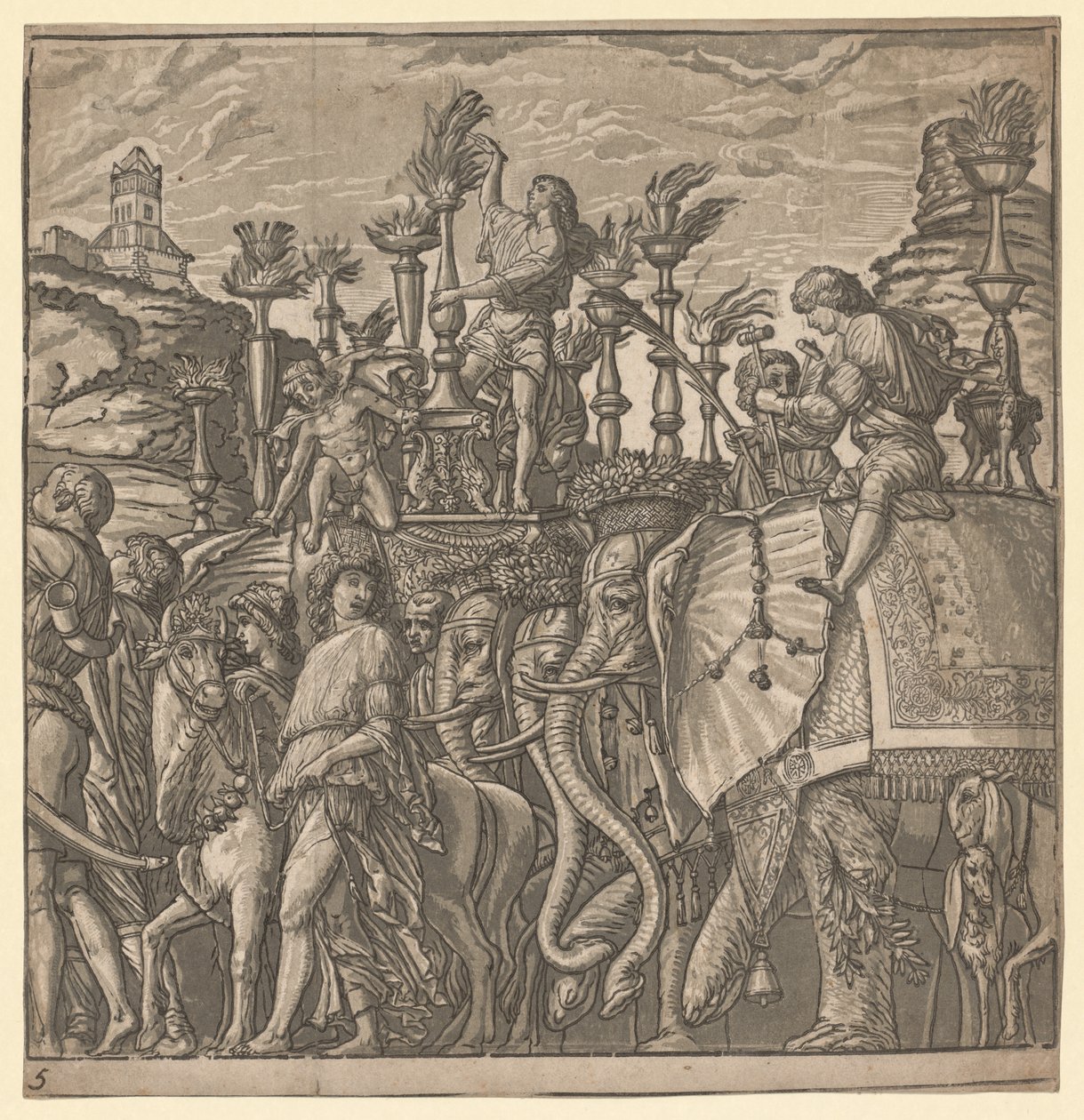 The Triumph of Julius Caesar: Elephants Carrying Torches, 1593-99. av Andrea Andreani
