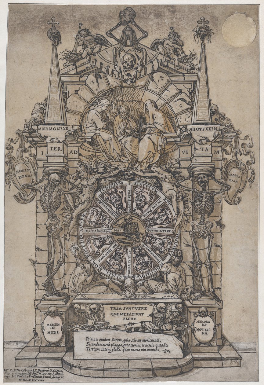 Dödens triumf med tre öden i en arkitektonisk ram ovanför ett lyckohjul flank..., 1588. av Andrea Andreani