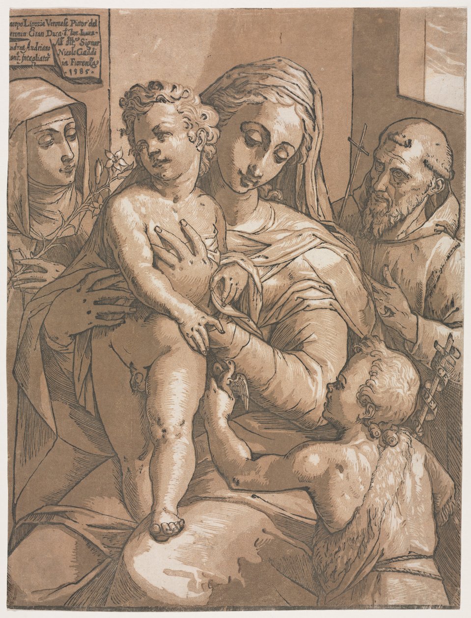 Jungfru och barn med St. John, St. Catherine of Siena och St. Francis, 1585. av Andrea Andreani