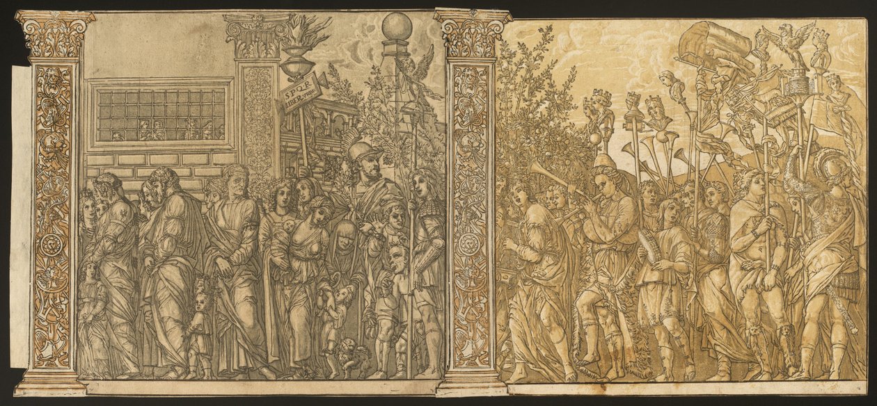 Julius Caesars triumf [nr 7 och 8 plus 2 kolumner] av Andrea Andreani after Andrea Mantegna