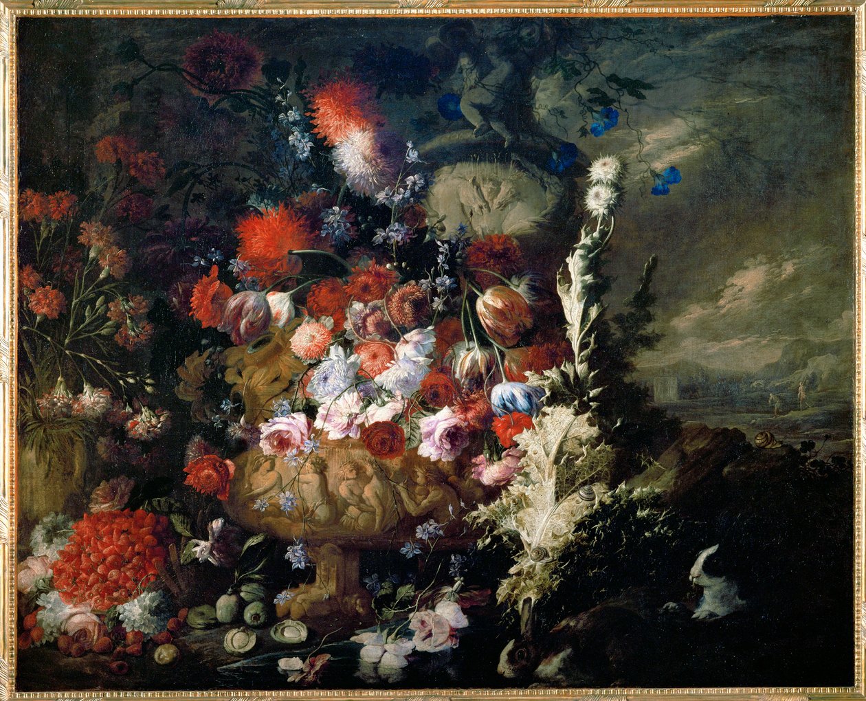 Vas med blommor och frukt i ett landskap - Vase de fleurs et fruits dans un paysage ... av Andrea Belvedere