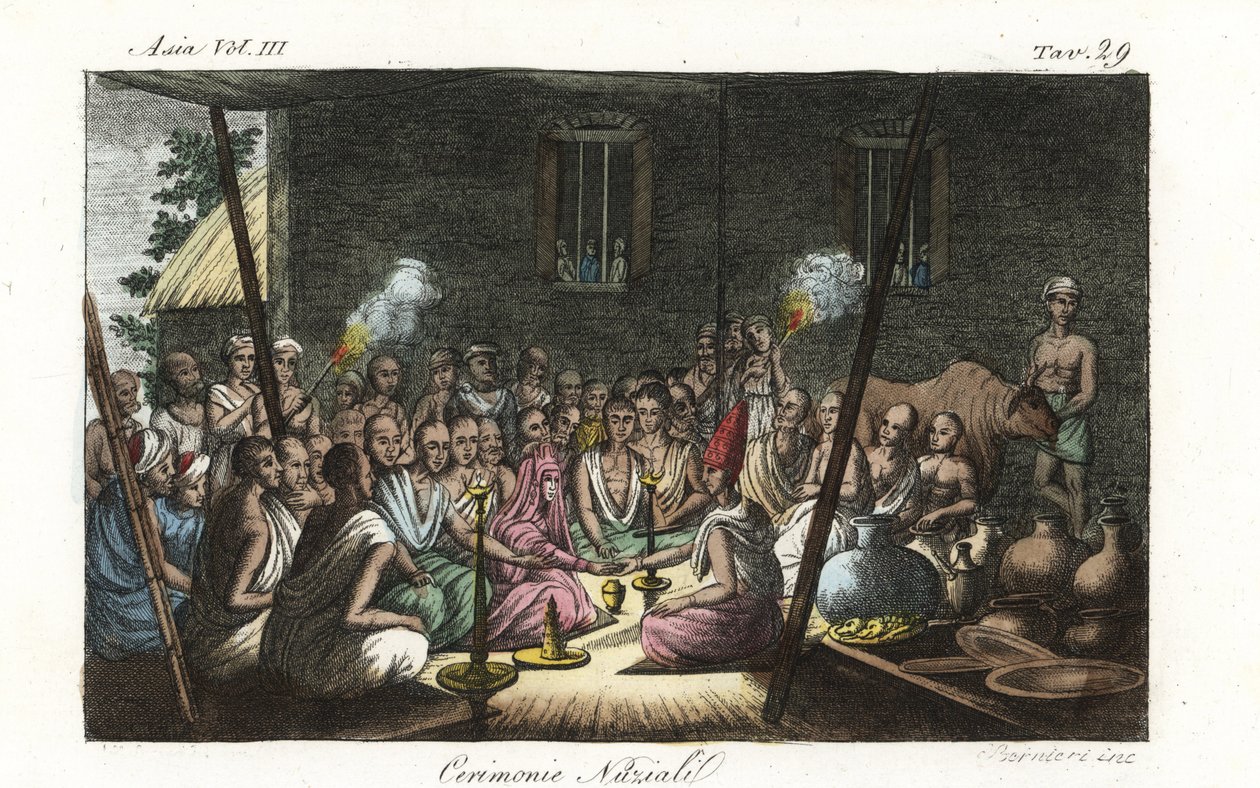 Hinduisk brahmin vigselceremoni eller Bibaha som hålls i hustruns hus. Handfärgad kopparplåt tecknad och graverad av Andrea Bernieri efter Francois Solvyns från Giulio Ferrarios antika och moderna dräkter av alla världens folk, Florens, Italien av Andrea Bernieri