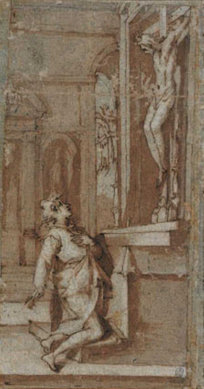 Kristus på krucifixet i San Miniato lutar sitt huvud mot St John Gualberto av Andrea Boscoli