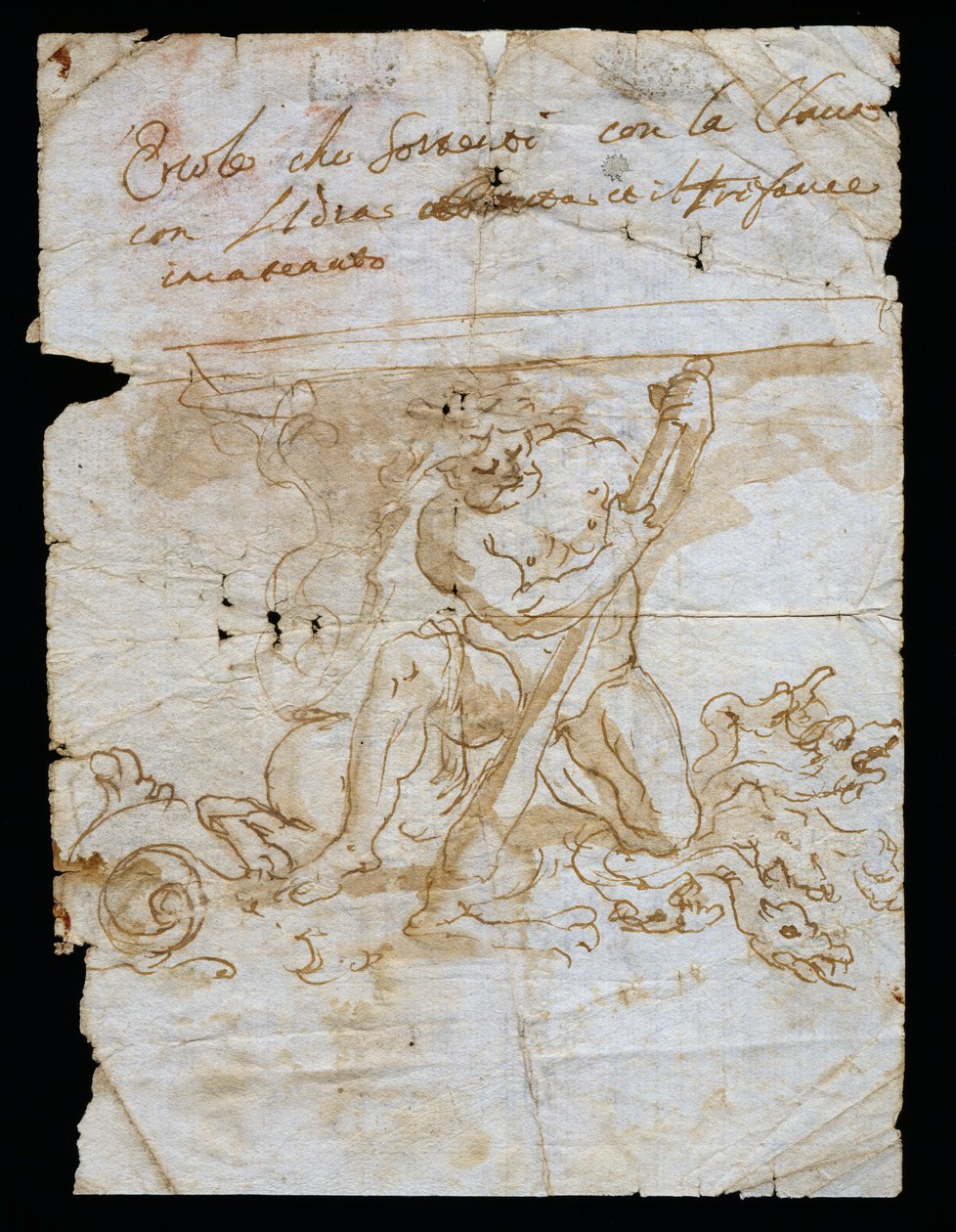 Designskiss för vasställ, bas föreställande Hercules med Hydra och Cerberus, Andrea Brustolon (1662-1732), akvarellpenna på vitt papper, Italien av Andrea Brustolon