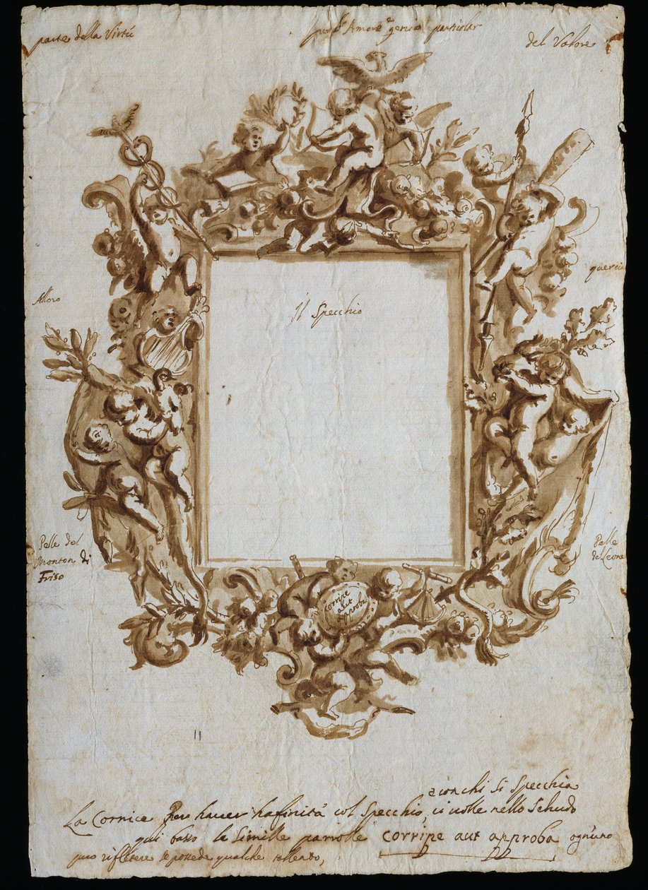 Ortogonal ritning till allegorisk ram, ca 1700, av Andrea Brustolon (1662-1732), akvarellpenna på vitt papper, Italien av Andrea Brustolon