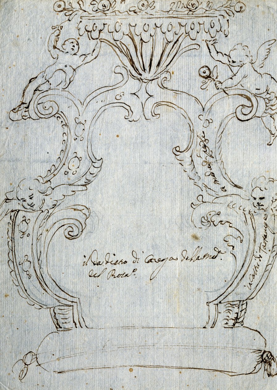 Skiss för stolsrygg, ca 1715, av Andrea Brustolon (1662-1732), penna och penna på vitt papper, Italien av Andrea Brustolon