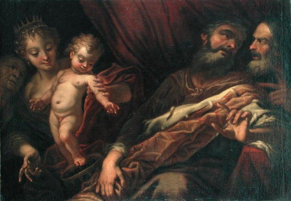 Spädbarnet Moses står på faraos krona (olja på duk) av Andrea Celesti