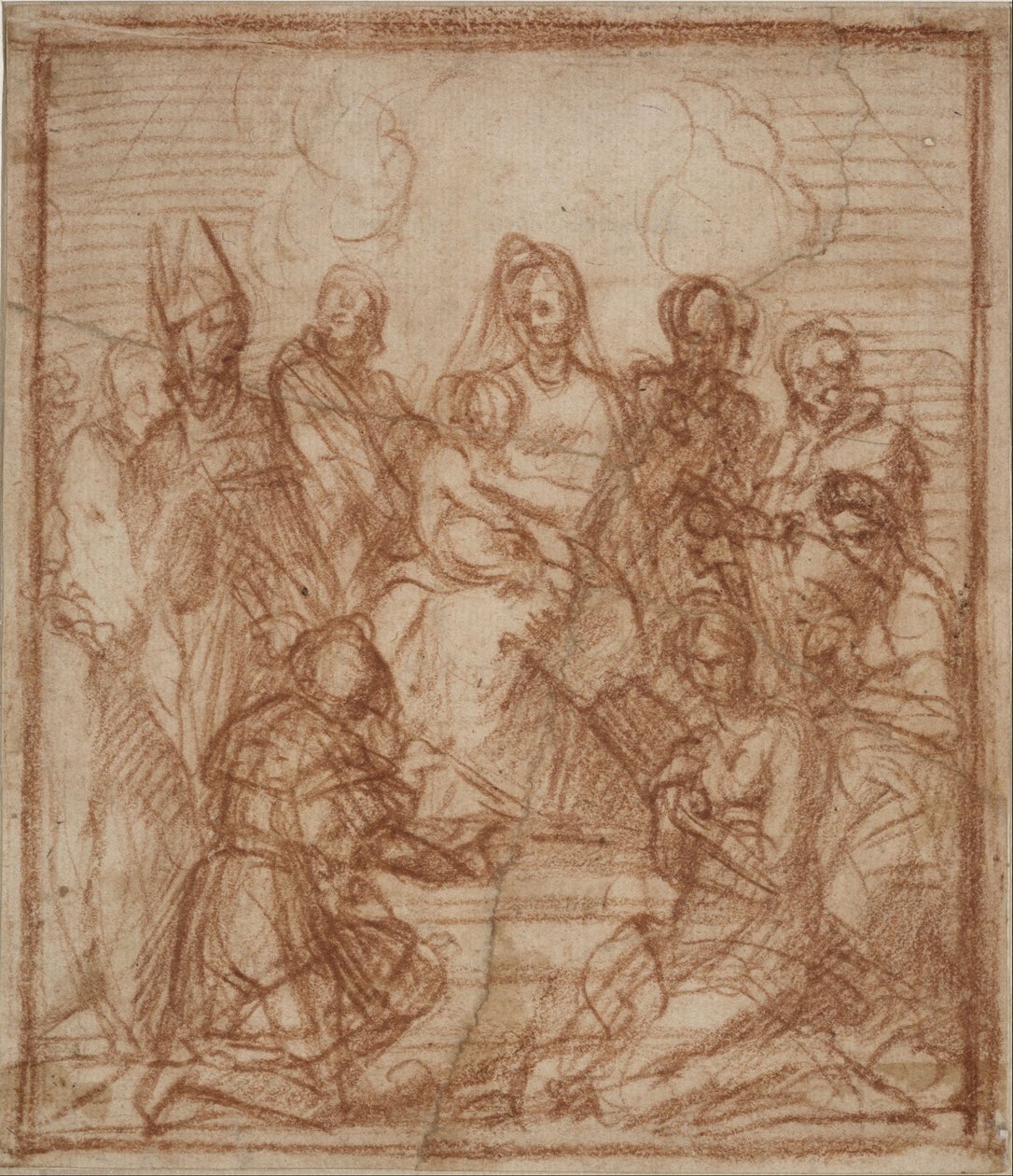 Tronande Madonna med barn och åtta helgon (kompositionsstudie för altarmålningen i Sarzana) av Andrea del Sarto