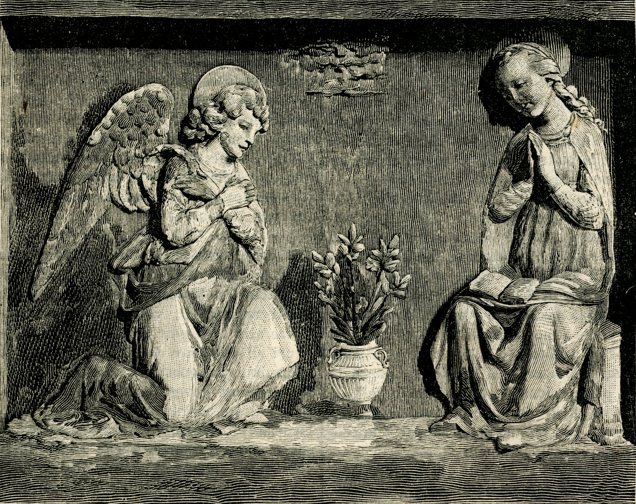 Annunciation, av Andrea Della Robbia (1435-1525 eller 1528), oratorium för Madonna del Buon Consiglio, Prato, Toscana, Italien, träsnitt från Le cento citta d