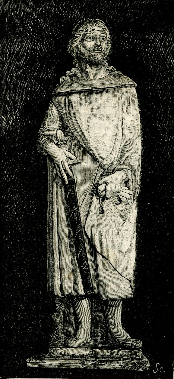 Julianus the Hospitaller, staty av Andrea Della Robbia (1435-1525 eller 1528), oratorium av Madonna del Buon Consiglio, Prato, Toscana, Italien, träsnitt från Le cento citta d