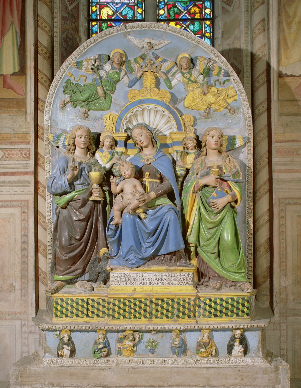Madonna and Child Enthroned, Medici Chapel altartavla (tennglaserat lergods) av Andrea Della Robbia