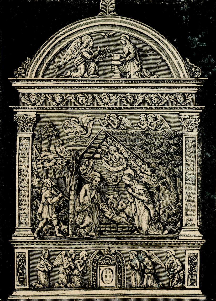Nativity, altartavla i terrakotta av Andrea della Robbia, från kyrkan Saint Clare, Civic Museum of Sansepolcro, Toscana, Italien, träsnitt från Le cento citta d