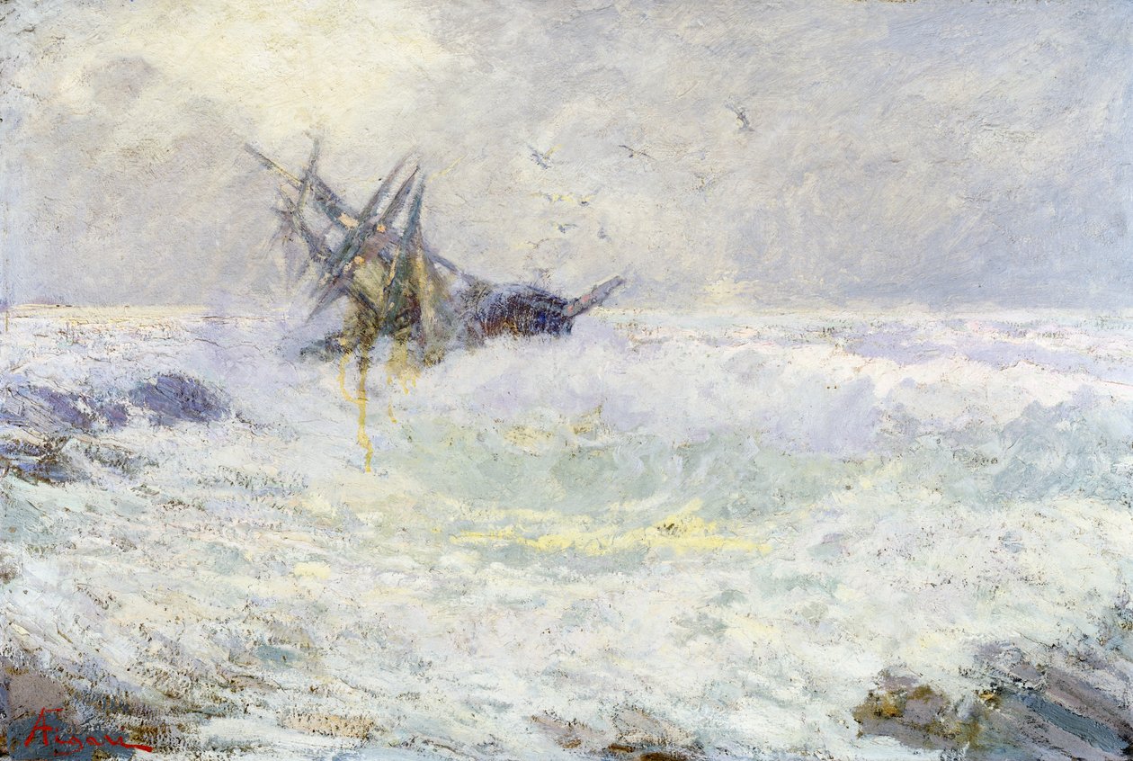 Stormigt hav eller Sista kyssen, av Andrea Figari (1858-1954), olja på kartong, 72x105 cm. Italien av Andrea Figari