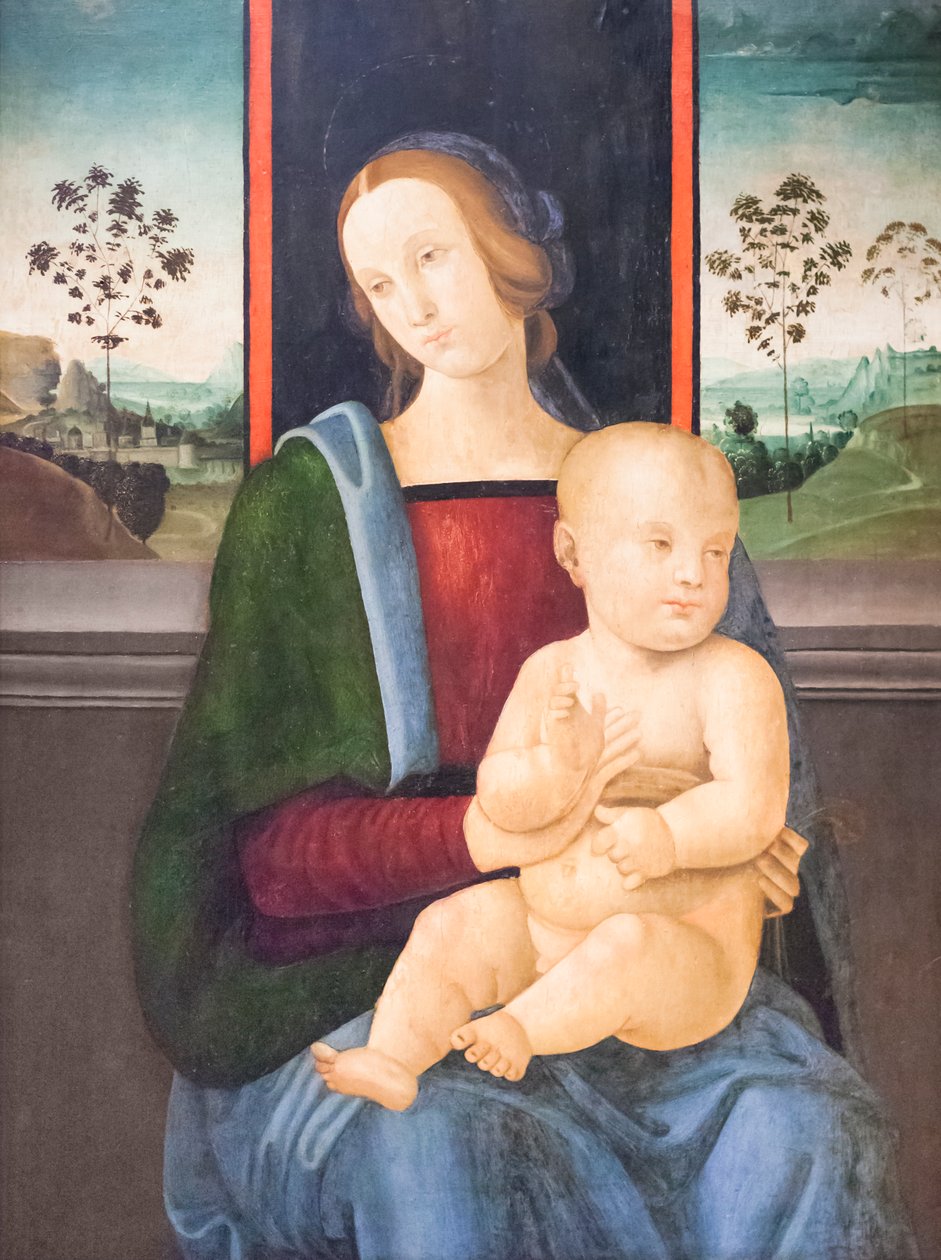 Madonna med barn (olja på trä) av Andrea Ingegnio