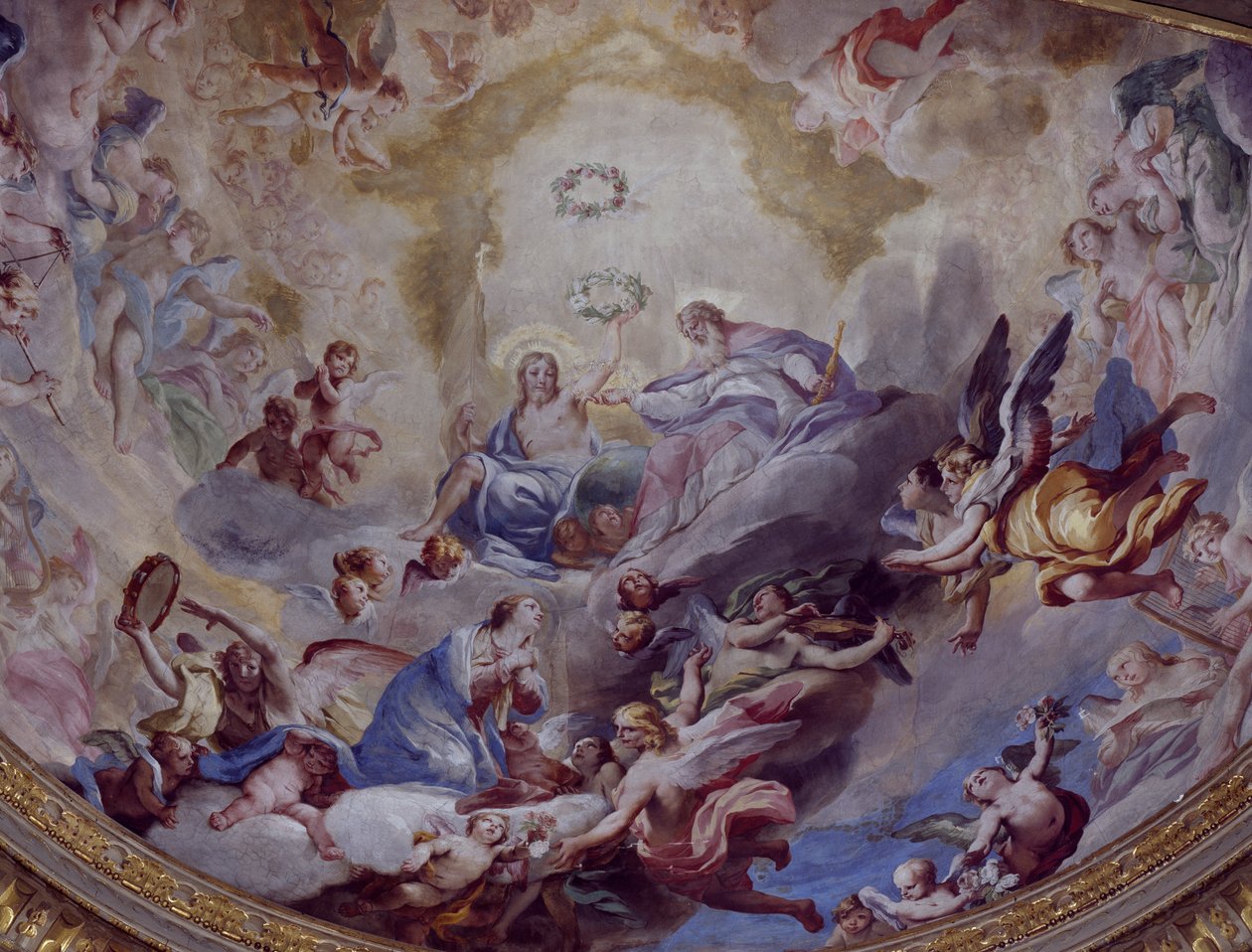 Coronation of Virgin, fresk målad 1699 av Andrea Lanzani (1641-1712) från choir of Sanctuary Of Incoronata, Lodi. Italien av Andrea Lanzani