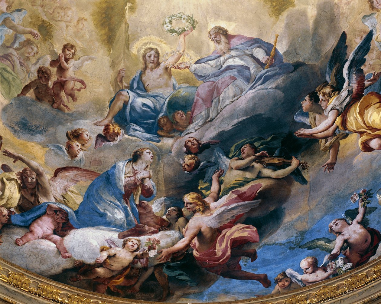 Coronation of Virgin, fresk målad 1699 av Andrea Lanzani (1641-1712) i kören av Sanctuary Of Incoronata, Lodi. Italien av Andrea Lanzani