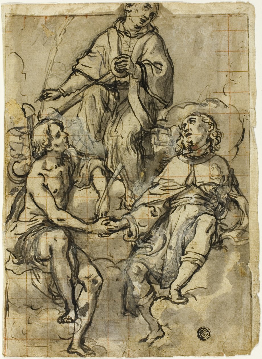 Saint Clement flankerad av Saints Sebastian och Roch av Andrea Lilio