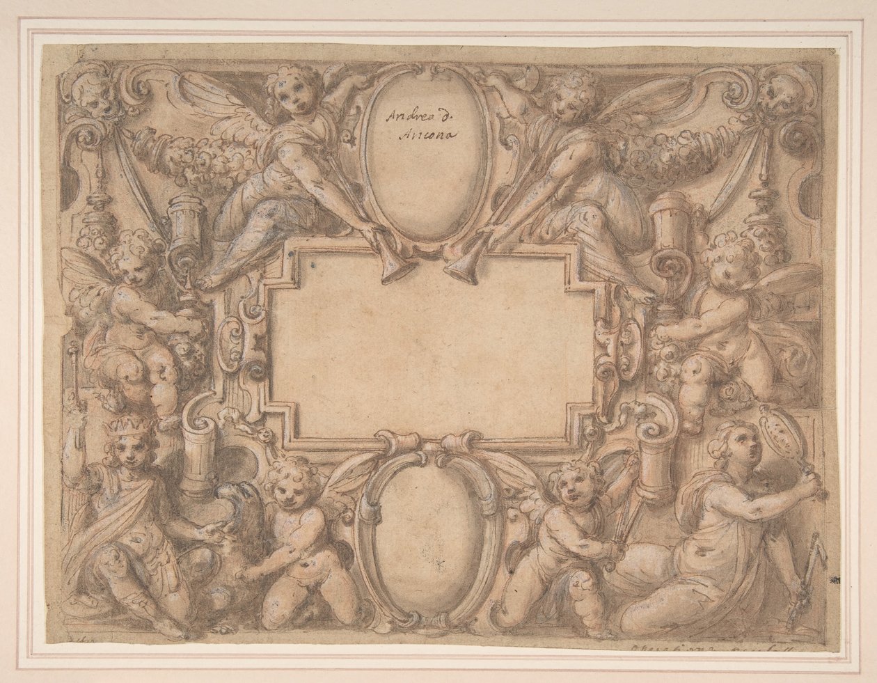 En kartusch och två sköldar omgivna av allegoriska figurer., 1570-1631. av Andrea Lilli