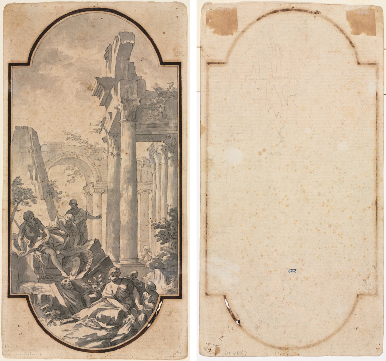 Figurer nära ruinerna av ett korintiskt tempel (recto); Fragment av en båge (spårning från recto) (verso) av Andrea Locatelli